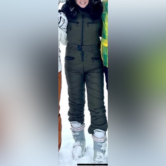 Olive Green Quilted Snowsuit with Black Fur Trim - Picture 3 of 4